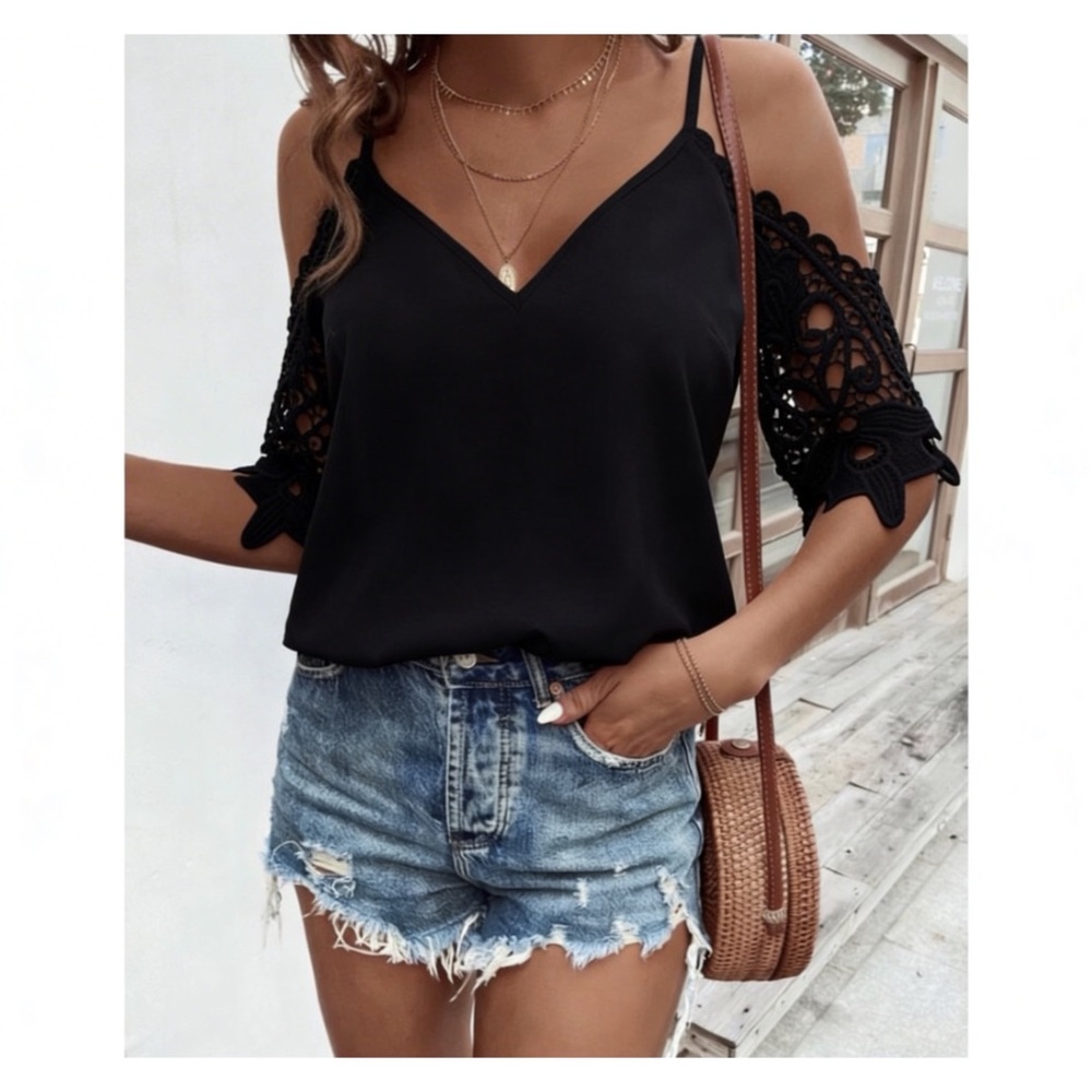 Black lace sleeve cold shoulder top • like new!